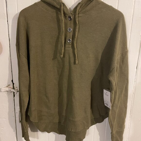 SO Henley Hoodie Army Green Hi Low Thermal Cotton Waffle Shirt, Size Large - Picture 7 of 15